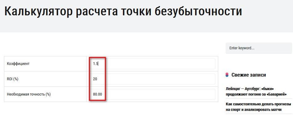 Калькулятор расчета точки безубыточности в ставках